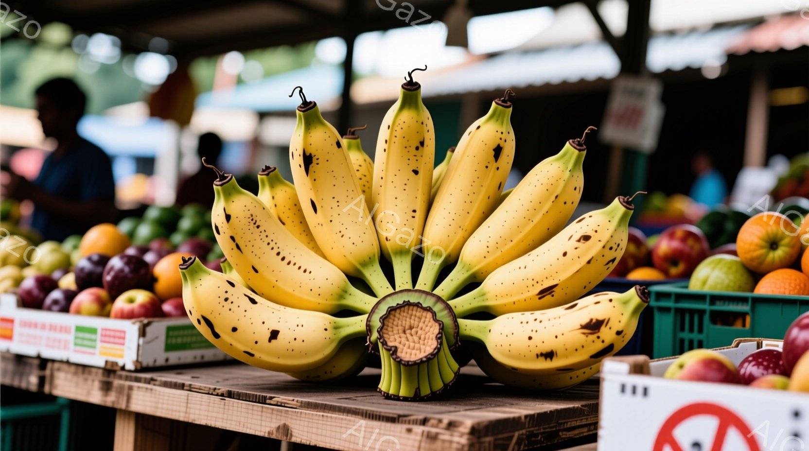 市場の屋台で販売されているバナナの房をクローズアップしたものです。バナナは熟れて黄色く、表面に小さな斑点が見られます。背景には、りんごやオレンジなどの他の果物、そしてぼやけた人影が見え、活気のある市場 - AI生成フリー素材