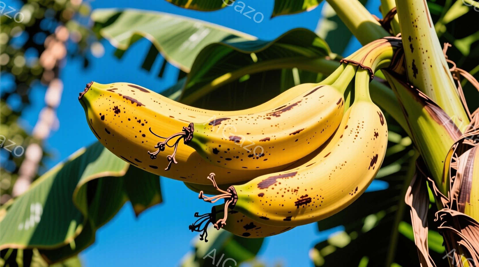 緑の葉に囲まれたバナナの房が写っています。バナナは熟れており、茶色い斑点が点在し、自然な甘さを感じさせます。背景は鮮やかな青空で、強い日差しがバナナを照らし、トロピカルな雰囲気を醸し出しています。 - AI生成フリー素材