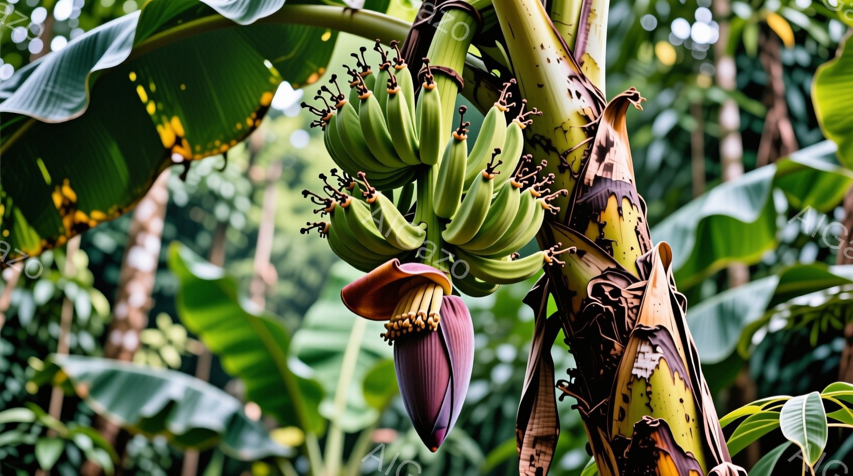 バナナの房が、まだ緑色で未熟な状態で、太い幹にぶら下がっている様子が捉えられています。紫色の大きな花房が、実をつける前の段階を示しており、背景には緑豊かな熱帯植物が生い茂っています。全体的に湿潤で緑あふれる、熱帯の自然を感じさせる光景です。