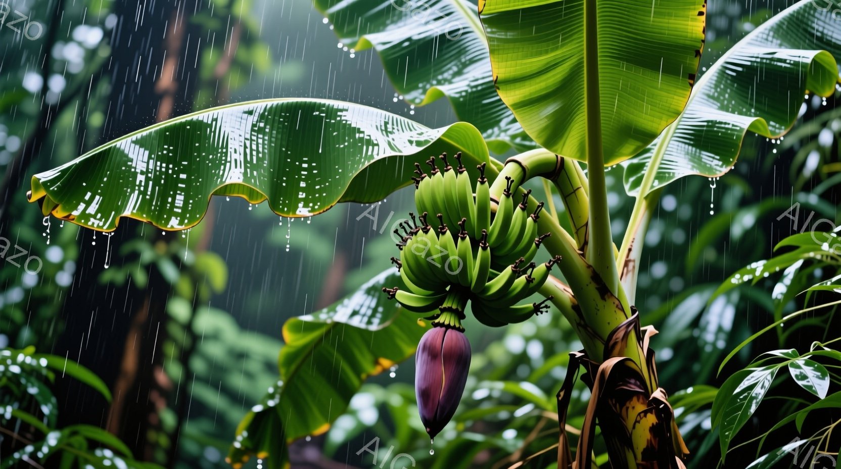 密集した緑の葉に囲まれ、雨に濡れたバナナの実が密集して吊り下がっている様子が写っている。雨粒が葉やバナナに付着し、熱帯雨林の湿った雰囲気を強調している。背景は濃い緑で、雨が降るジャングルの奥深さを感じさせる。