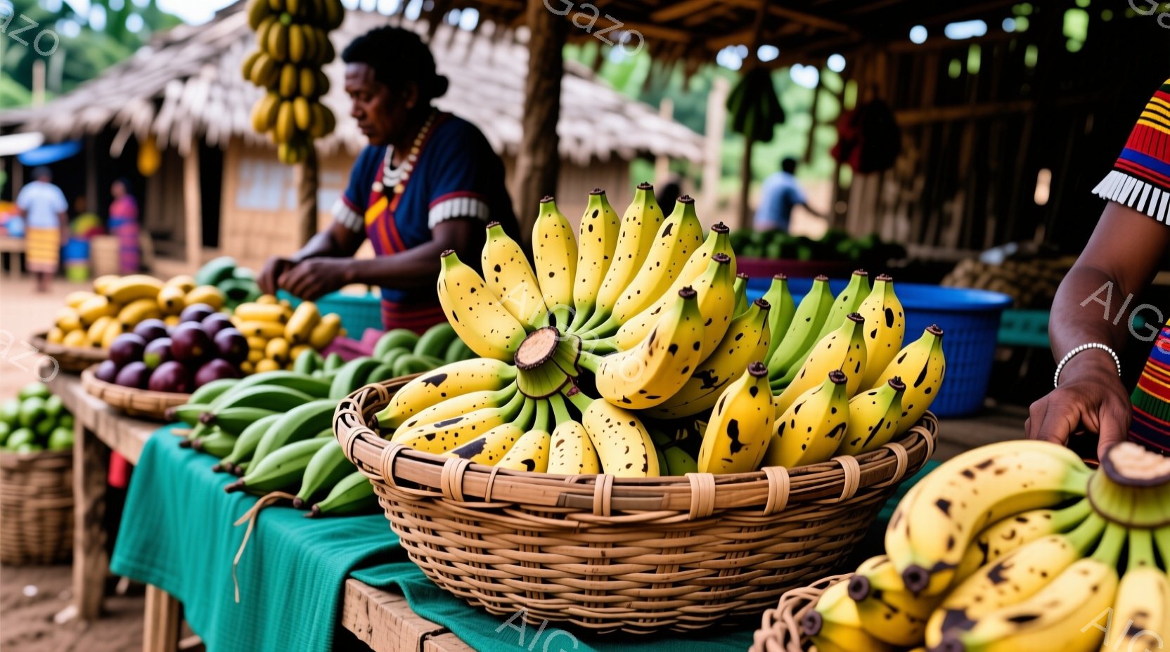 市場の一角で、様々な種類のバナナが並べられた様子が写っている。鮮やかな緑色のテーブルクロスの上に、編まれたカゴやプラスチックの容器にバナナが山積しており、背景には茅葺き屋根の建物と人々の姿が見える。全体的に活気があり、熱帯の市場の雰囲気を感じさせる。