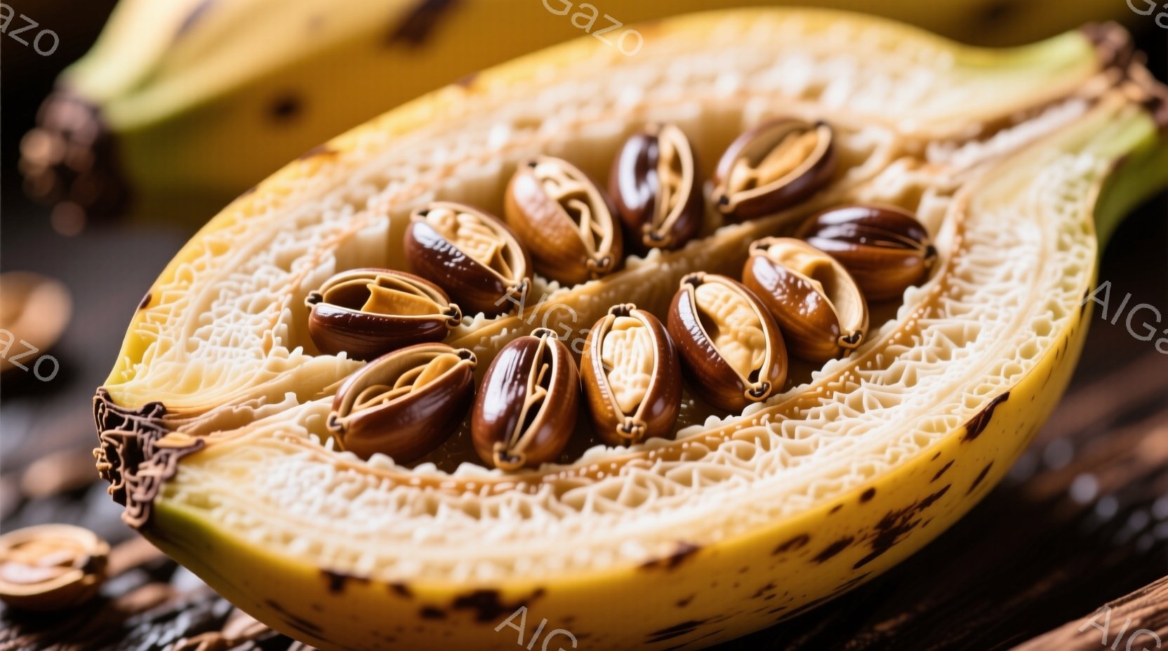 パッションフルーツの果肉を極端にクローズアップしたもので、果肉の種子とゼリー状のパルプが複雑に絡み合っている様子が捉えられています。鮮やかな黄色と白、そして黒い種子のコントラストが、独特のテクスチャと視覚的な魅力を生み出しています。背景はぼやけており、果肉の有機的な形状と鮮やかな色彩が強調されています。