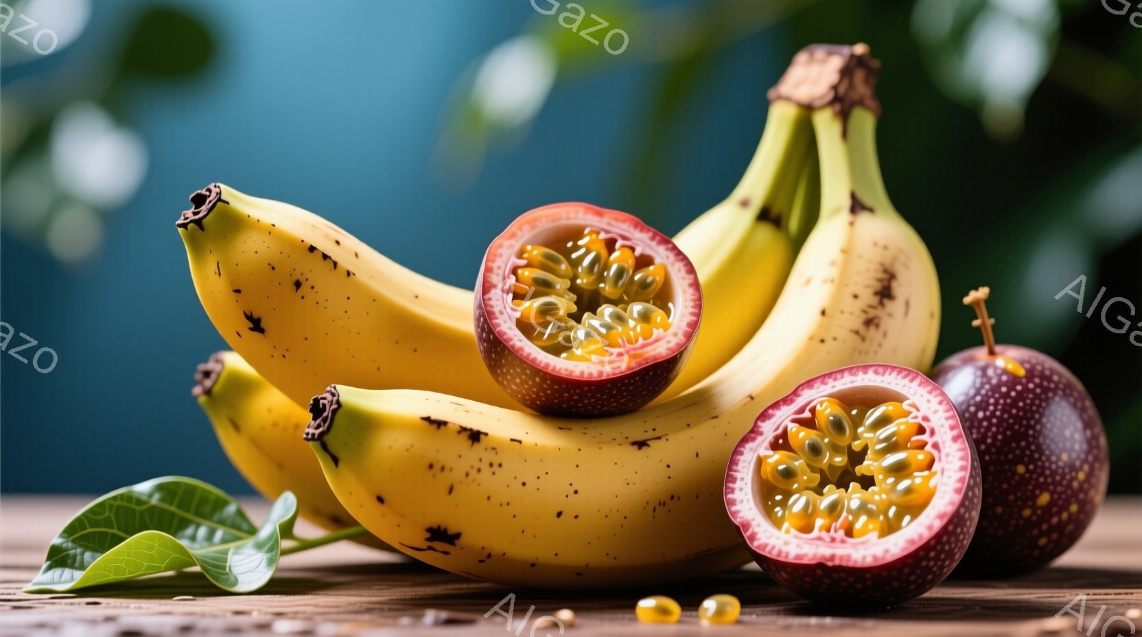 熟れたバナナがいくつか、半分に切られたパッションフルーツと並んで、木のテーブルの上に置かれています。パッションフルーツは紫色で、中には小さな黄色い種がたくさん詰まっています。背景はぼやけた青色で、わず - AI生成フリー素材