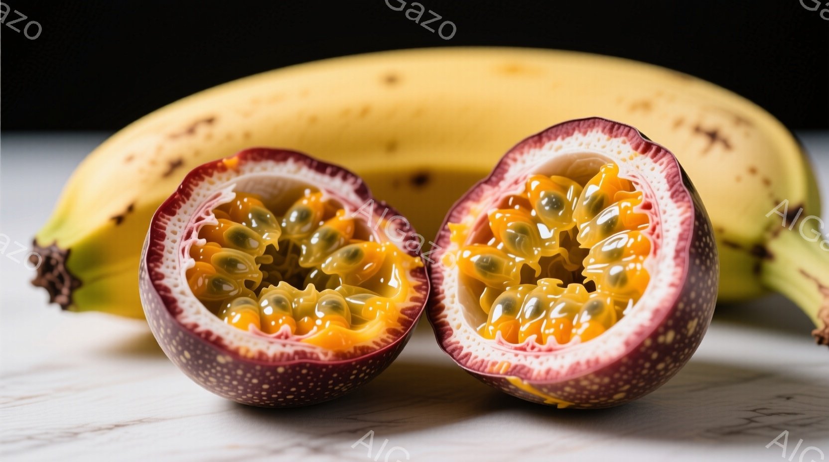 パッションフルーツが半分にカットされ、種子が密集して見える鮮やかな写真です。背景には黄色いバナナが横たわり、白い大理石のようなテーブルの上に置かれています。全体的に、果物の鮮やかな色彩とテクスチャが強調された、食欲をそそる静物画のような雰囲気です。