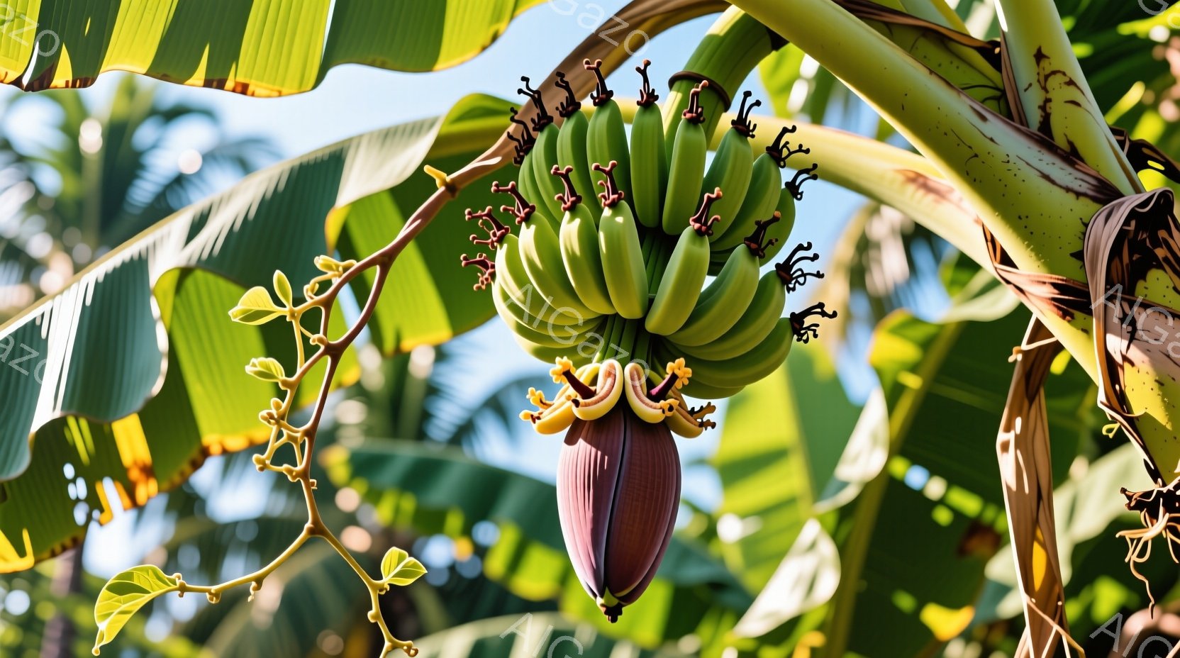 バナナの房が緑豊かな葉に囲まれて写っています。未熟な緑色のバナナが密集し、下部には紫色の花弁を持つ花が咲き誇っています。背景は鮮やかな緑色の熱帯植物で、太陽の光が差し込み、自然な雰囲気を強調しています - AI生成フリー素材