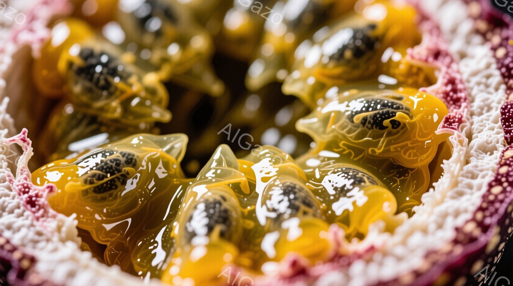 パッションフルーツの断面のクローズアップです。黄色い果肉の中に黒い種子が密集しており、周囲には赤い皮の一部が残っています。全体的に明るく、フルーツの甘くて酸っぱい香りが感じられるような、生き生きとした - AI生成フリー素材