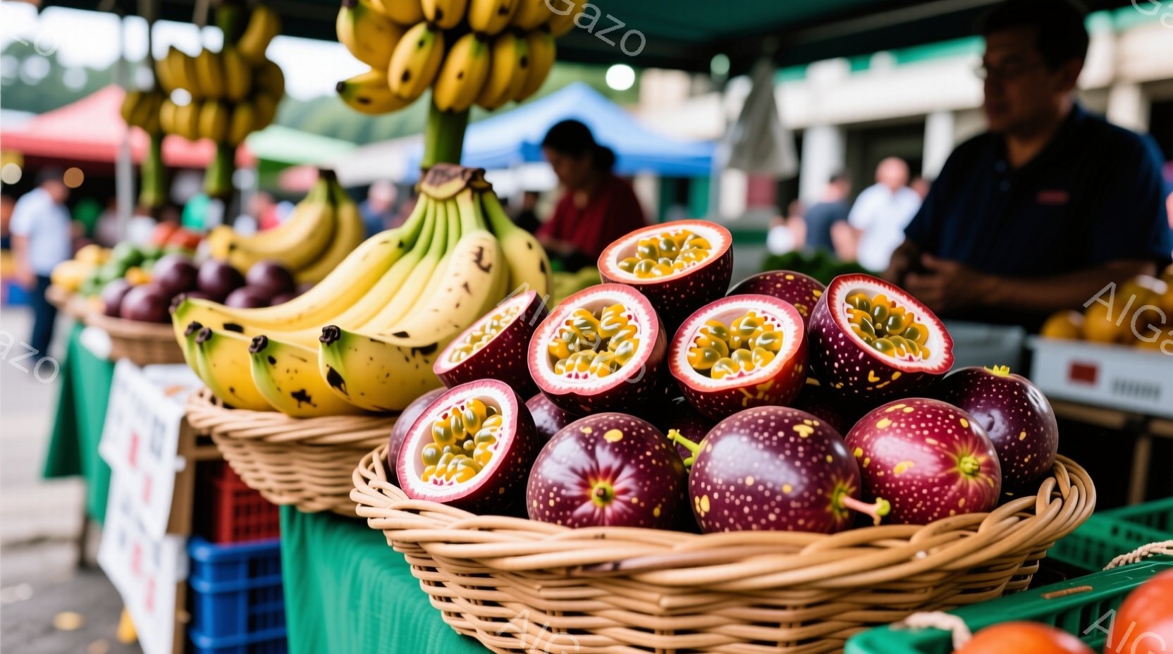 籠いっぱいの紫色のパッションフルーツと、その隣には黄色いバナナが並べられています。背景には緑色のテーブルクロスと、ぼやけた人々の姿が見え、市場のような活気ある雰囲気を感じさせます。光の当たり具合から、屋外で晴天の下での撮影であることがわかります。