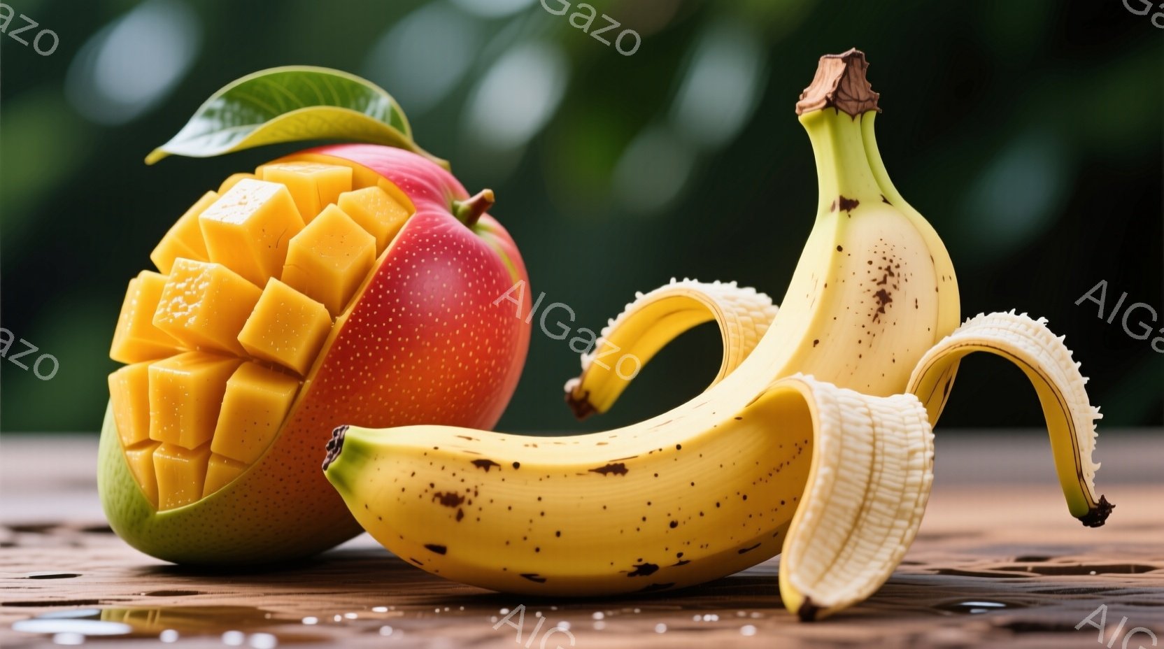 熟したマンゴーとバナナが木製の表面に置かれています。マンゴーは半分にカットされ、内部が立方体にカットされた鮮やかなオレンジ色が見えます。バナナは皮の一部が剥がれ、熟して茶色い斑点が出ており、全体的に温かみのある雰囲気です。