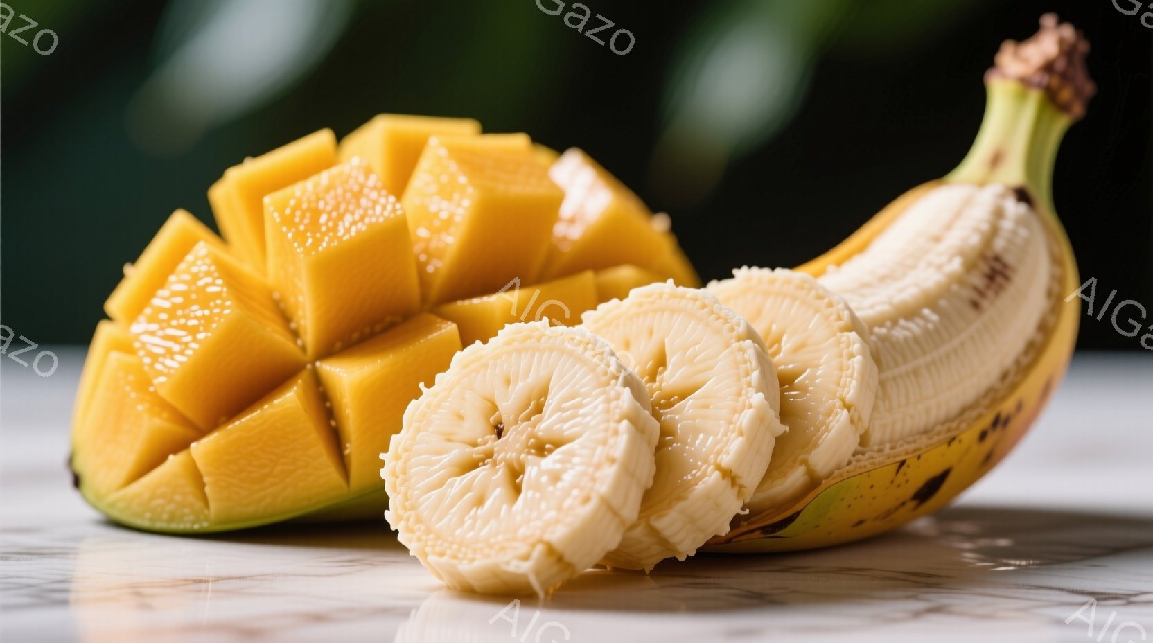 鮮やかな黄色のマンゴーの角切りと、剥きかけのバナナが、大理石のような白い表面に置かれています。バナナは数枚のスライスが剥がれており、マンゴーの近くに配置されています。背景はぼやけており、明るく清潔な印象を与えます。
