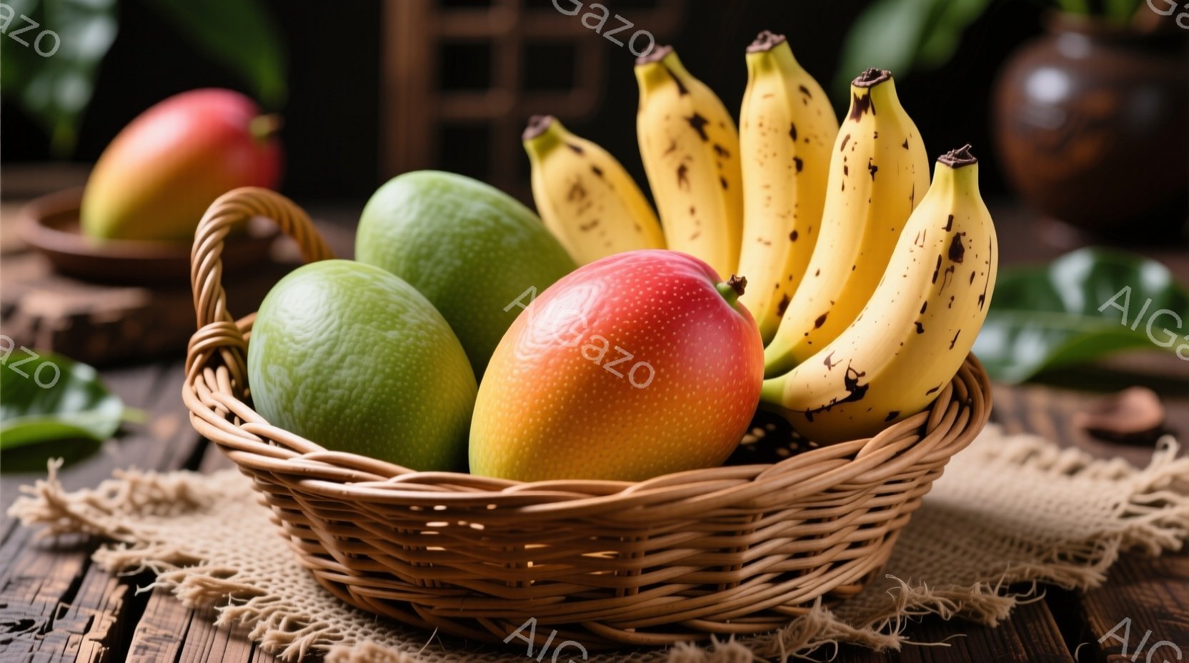 籠の中にマンゴーとバナナがいくつか入っており、鮮やかな色合いが目を引きます。背景には木製のテーブルと、ぼやけた緑の葉や陶器が見え、素朴で温かみのある雰囲気を醸し出しています。全体的に豊かで自然な色彩が、食欲をそそる静物画のようです。