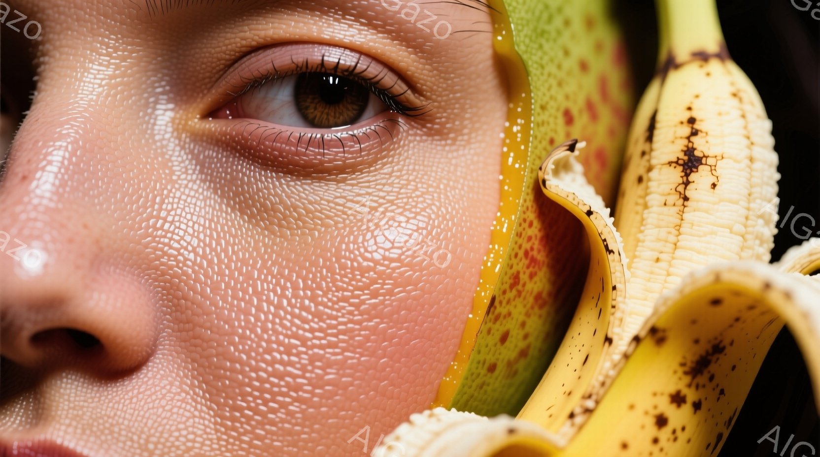 人物の顔の側面と、剥きかけのバナナが写っているクローズアップ写真である。焦点は人物の目とバナナの皮に合い、肌の質感やバナナの斑点が細かく描写されている。背景はぼかされており、鮮やかな色彩とテクスチャが強調された、ユニークで斬新なポートレート写真である。