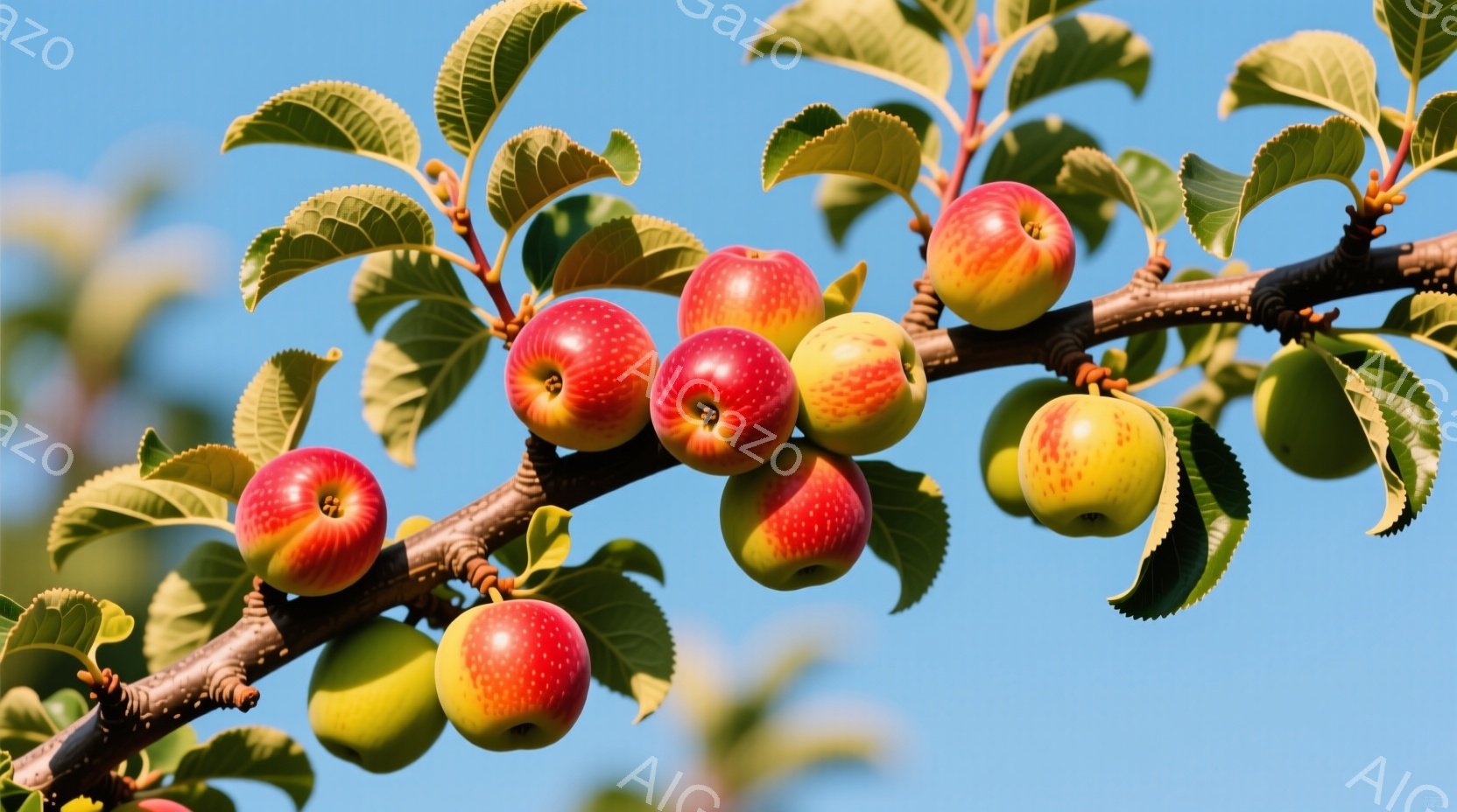 りんごの枝が青い空を背景に写っている。赤いりんごや緑と黄色の混ざったりんごが、葉っぱの間に密集してぶら下がっており、実りの秋を感じさせる。明るい日差しの中で、自然の恵みが豊かに表現されている。