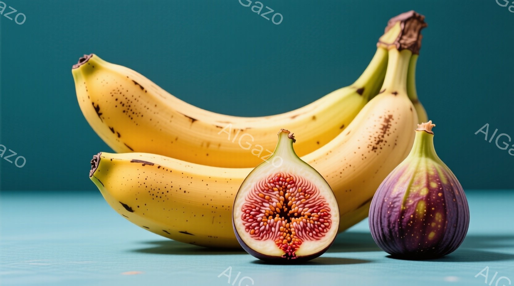 鮮やかなターコイズブルーの背景に、黄色いバナナ3本と、半分に切られた紫色のイチジクが置かれています。イチジクの断面からは、赤色の種が密集している様子がはっきりと見えます。フルーツは自然光の下で照らされており、全体的に新鮮で食欲をそそる雰囲気です。