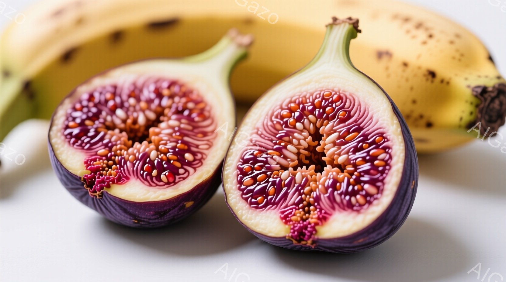 熟したイチジクが2つ、半分にカットされて並べられています。内部は深紅色で、小さな種子が密集しており、甘くジューシーな果肉を想像させます。背景には、少し茶色くなったバナナが横たわっており、白っぽいシンプルな背景が果物の鮮やかな色を引き立てています。