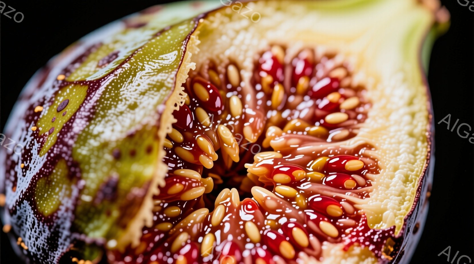 熟したイチジクの断面が捉えられています。紫がかった緑色の皮の内側は、深紅色の果肉と多数の小さな種子で埋め尽くされており、鮮やかで複雑なテクスチャが印象的です。暗い背景が、イチジクの色彩と質感を際立たせ - AI生成フリー素材