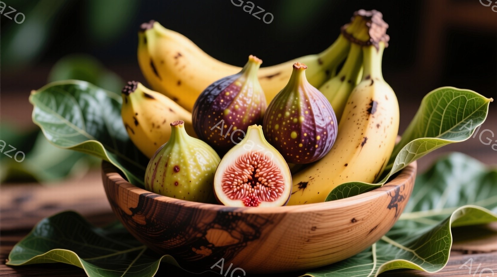 彫刻のような木製のボウルに、熟したイチジクとバナナが詰め込まれています。イチジクは紫色と黄緑色で、一つは半分に切られて鮮やかな赤い果肉が見えます。背景には緑豊かな葉が広がり、全体的に暖かく、自然な雰囲気を醸し出しています。