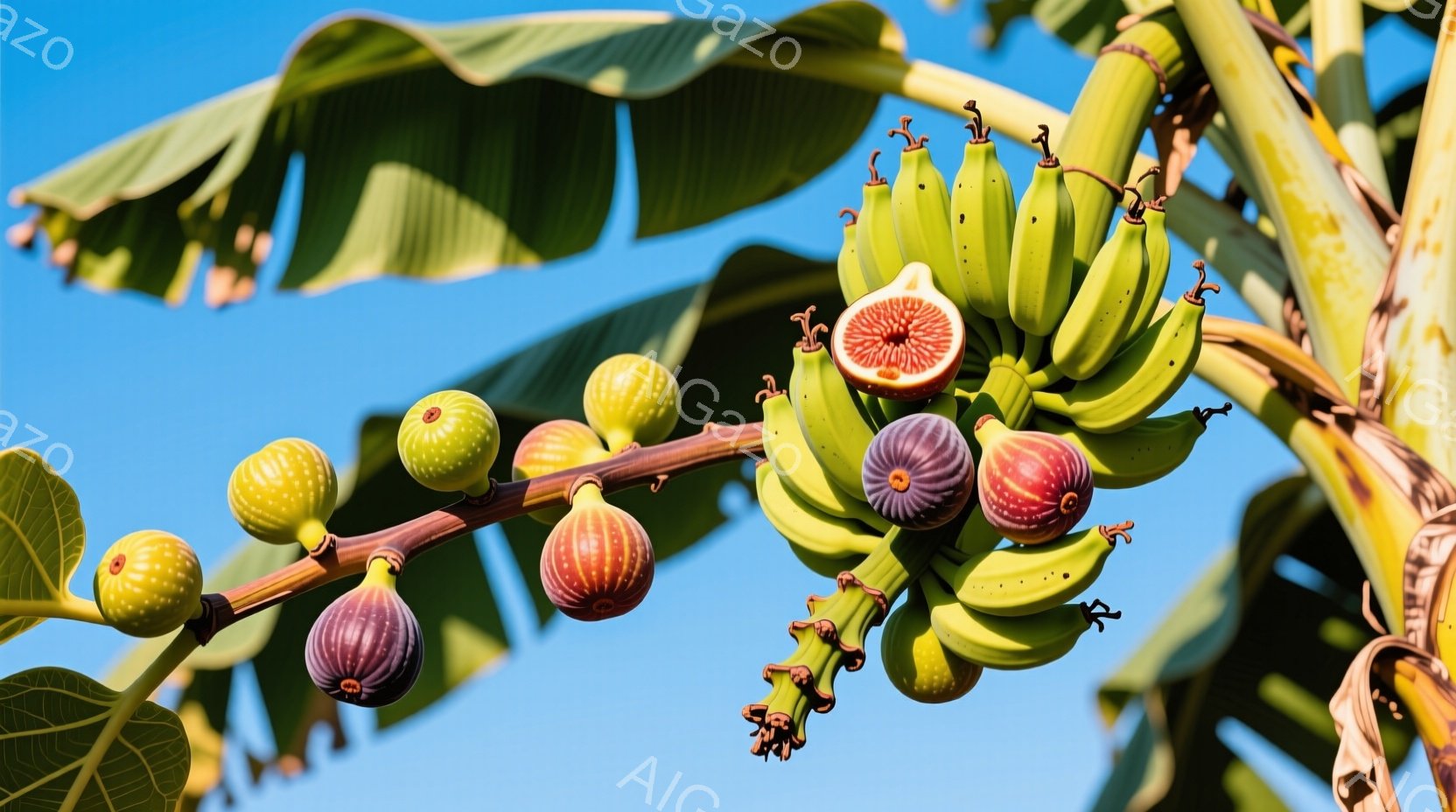 イチジクとバナナが実った枝をクローズアップしたものです。鮮やかな緑の葉と青空を背景に、イチジクは紫から緑色、バナナは緑色で、熟した果実のコントラストが印象的です。全体的に、豊かで自然な雰囲気が漂っています。