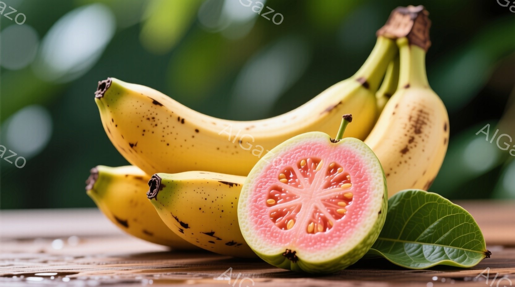 熟したバナナの房と、半分に切られたグアバが、木製のテーブルの上に置かれています。グアバは鮮やかなピンク色で、種が密集しており、葉が添えられています。背景は緑色のぼやけた自然で、暖かく、新鮮なフルーツの雰囲気を醸し出しています。