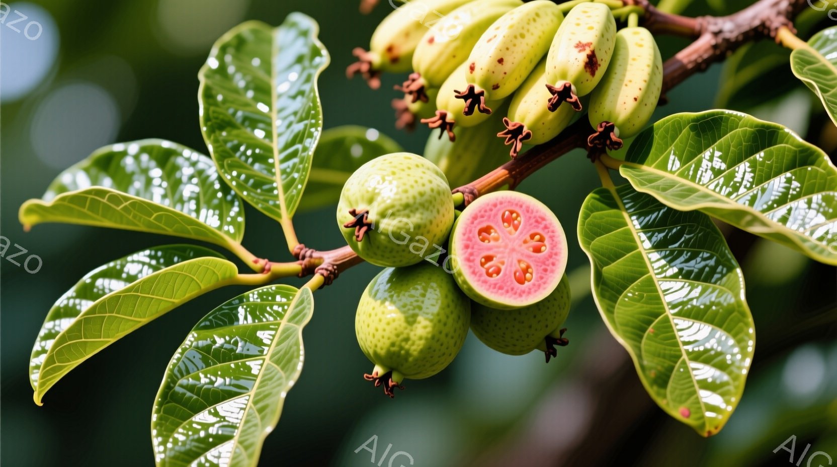 鮮やかな緑色の葉とグアバの実が、枝に密集して写っている。実の一つは半分に切れており、ピンク色の果肉と小さな種がはっきりと見える。背景は緑豊かな自然で、光が葉を照らし、生命力に満ちた雰囲気を醸し出している。