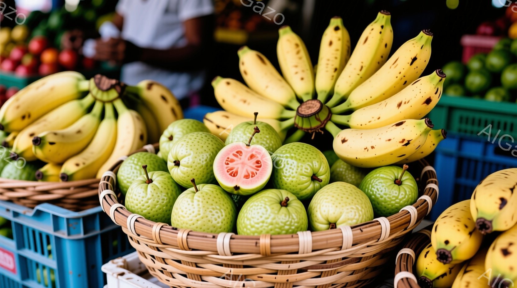 籠に盛られた緑色のガイバノキの実と、その横に並んだ黄色いバナナが印象的な写真です。ガイバノキの実の一つは半分にカットされており、ピンク色の果肉が確認できます。青いプラスチックの箱が背景に見え、市場や果物屋さんの活気ある雰囲気が伝わってきます。