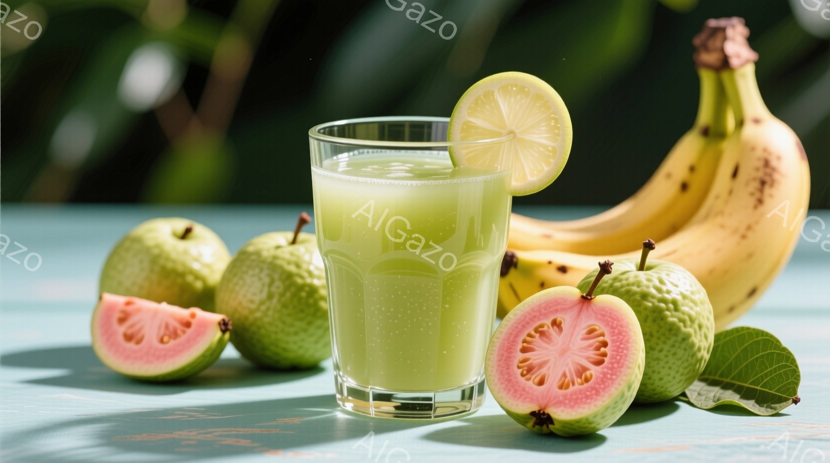 ターコイズブルーの表面に、緑色のグァバとバナナが置かれ、グラスに入った緑色のスムージーが中央に配置されている。スムージーの縁にはレモンの輪切りが飾られ、グァバは半分にカットされてピンク色の果肉が見える。全体的に爽やかで健康的な雰囲気であり、光と影のコントラストが自然な美しさを引き立てている。