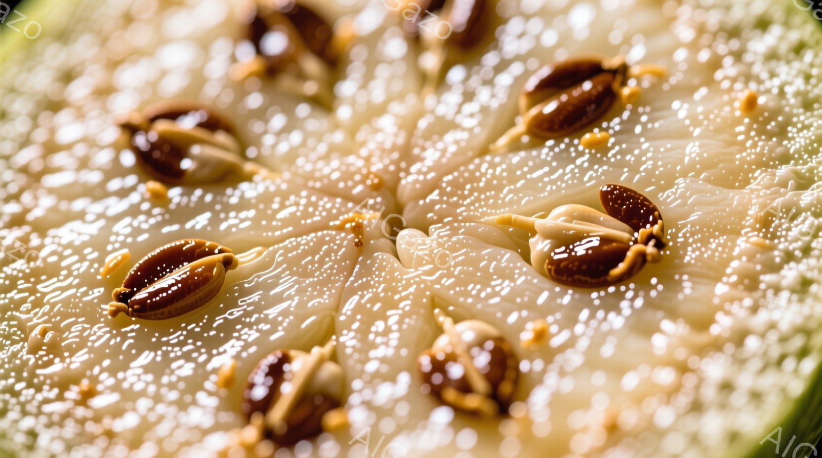 画像はスイカの断面のクローズアップで、種が散りばめられています。果肉は淡い緑色で、種は茶色と白のコントラストが鮮やかです。全体的に、みずみずしく、夏の清涼感を漂わせるイメージです。