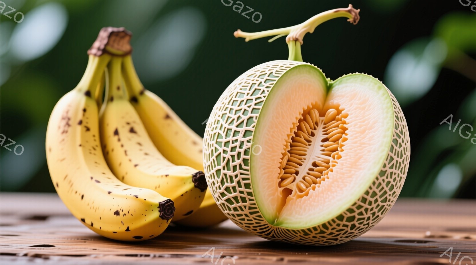 熟したバナナ2本と半分に切られたメロンが、木製のテーブルの上に並んでいます。メロンは緑と白の網目模様で覆われ、内部はオレンジ色の果肉を露出し、バナナは茶色い斑点が入った黄色い皮をしています。背景は緑色のぼやけた自然の風景で、全体的に明るく爽やかな印象を与えます。