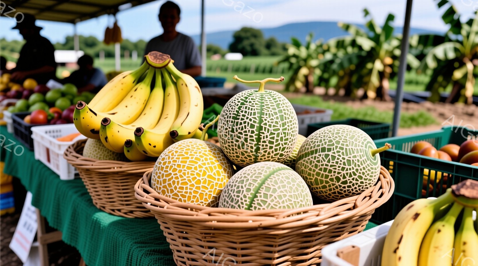 緑色のテーブルクロスが敷かれた市場の様子で、バスケットに盛られたメロンとバナナが手前に大きく写っています。背景には、わずかに見える人物と、緑豊かな自然、そして晴れた空が広がっており、農産物が並ぶ活気のある市場の雰囲気が伝わってきます。メロンの網目模様とバナナの鮮やかな黄色が印象的で、新鮮な農産物を提供する市場の様子が描かれています。
