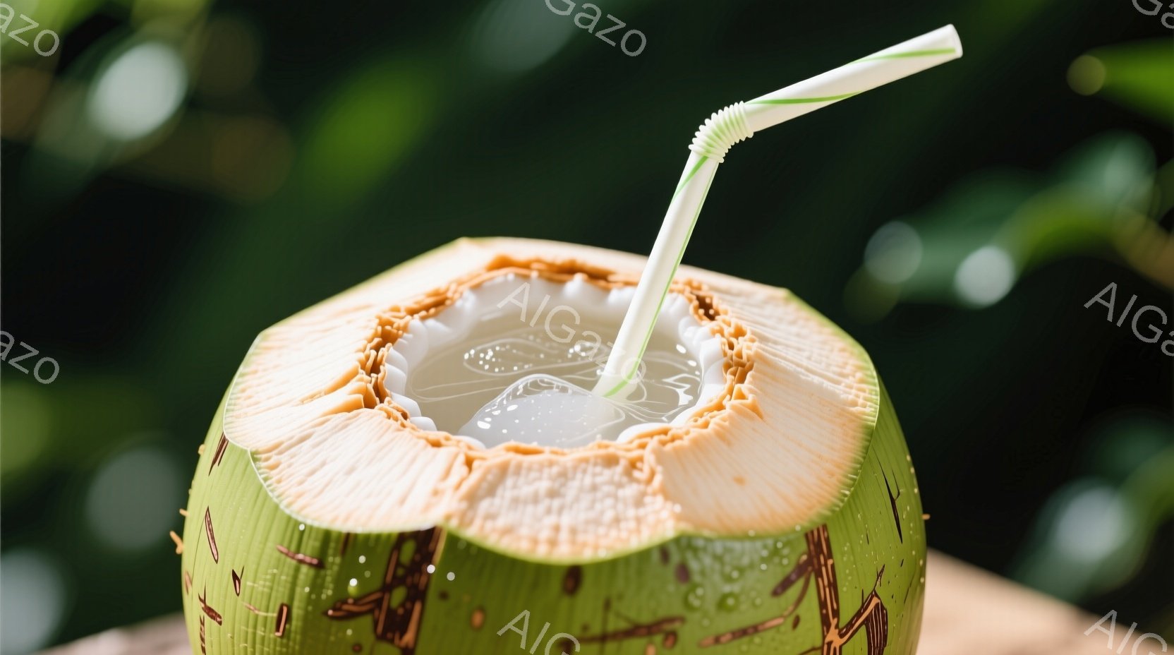 開いたココナッツの中に透明なココナッツウォーターが満たされており、ストローが挿さっている。ココナッツの緑色の外皮には水滴がつき、内側の白い部分は滑らかで新鮮な印象を与える。背景は緑色の植物でぼやけてお - AI生成フリー素材