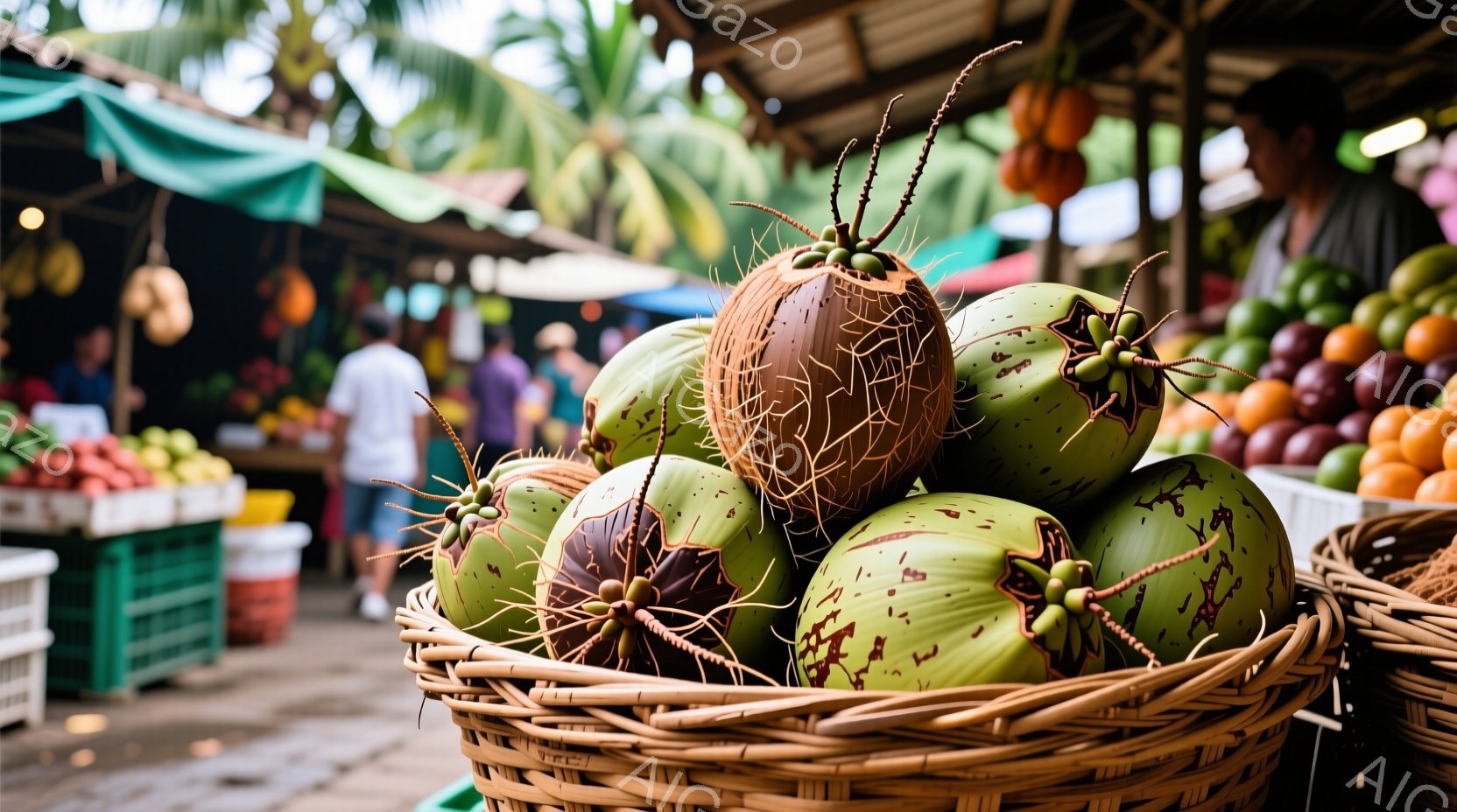 男は青いポロシャツと帽子を着用し、ドリアンを両手で展示しています。彼は笑顔で、ドリアンの鮮やかな色と質感を強調しています。背景には、他の果物や人々が見え、市場の賑やかな雰囲気が伝わってきます。