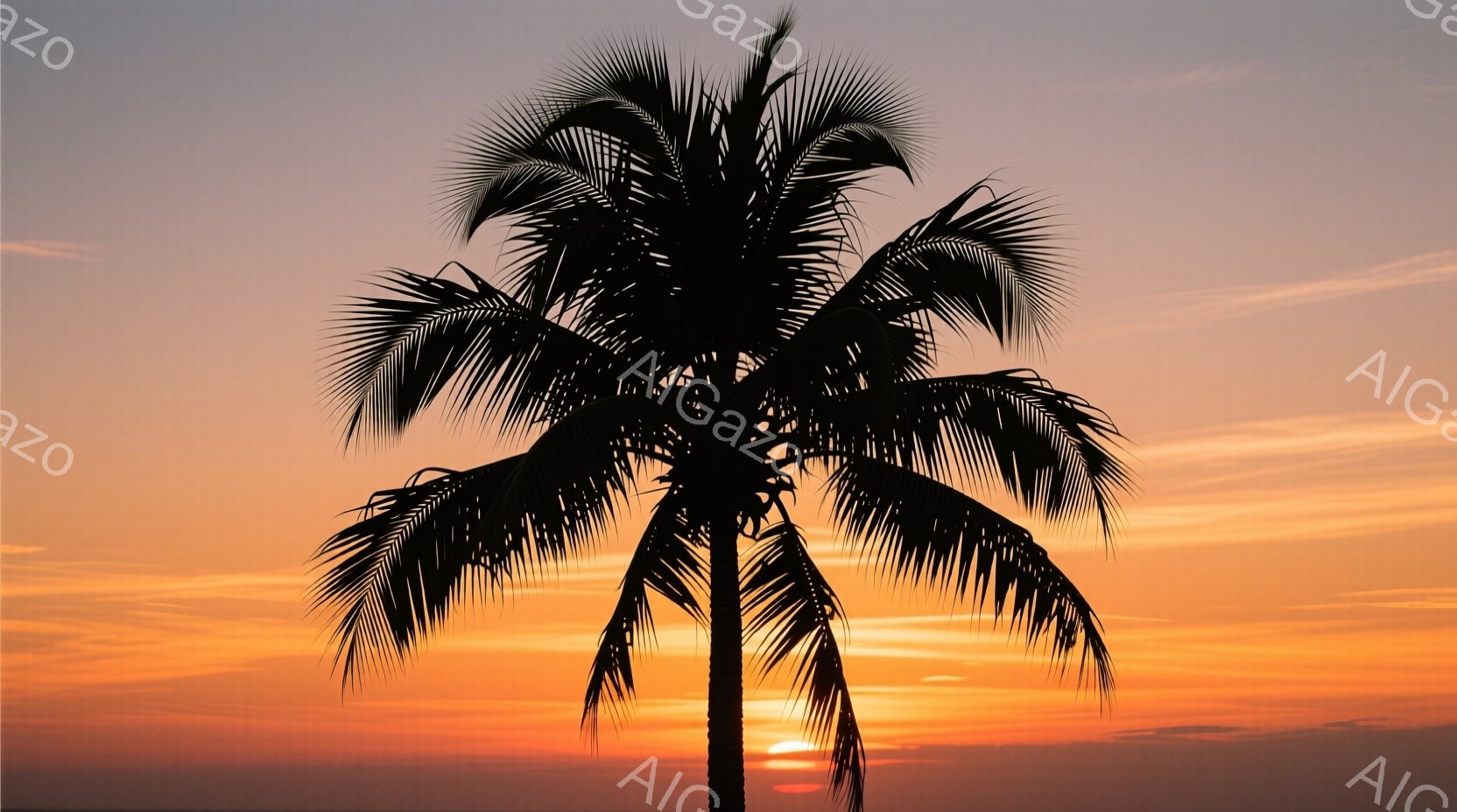 空は燃えるようなオレンジと赤のグラデーションで染まっており、地平線からは太陽が昇るか沈むかの瞬間を捉えています。シルエットになったヤシの木が画面中央にそびえ立ち、その葉は繊細に広がり、トロピカルな雰囲 - AI生成フリー素材
