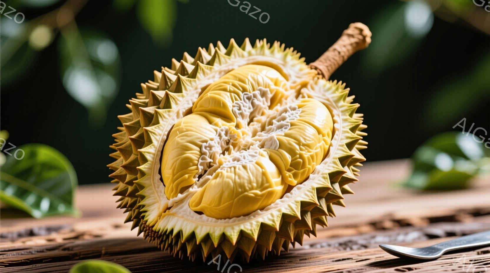 ドリアンの半分が木製のテーブルの上に置かれています。果肉は黄色でクリーミーに見え、棘の多い外殻とのコントラストが印象的です。背景には緑色の葉がぼやけており、熱帯の雰囲気を醸し出しています。 - AI生成フリー素材