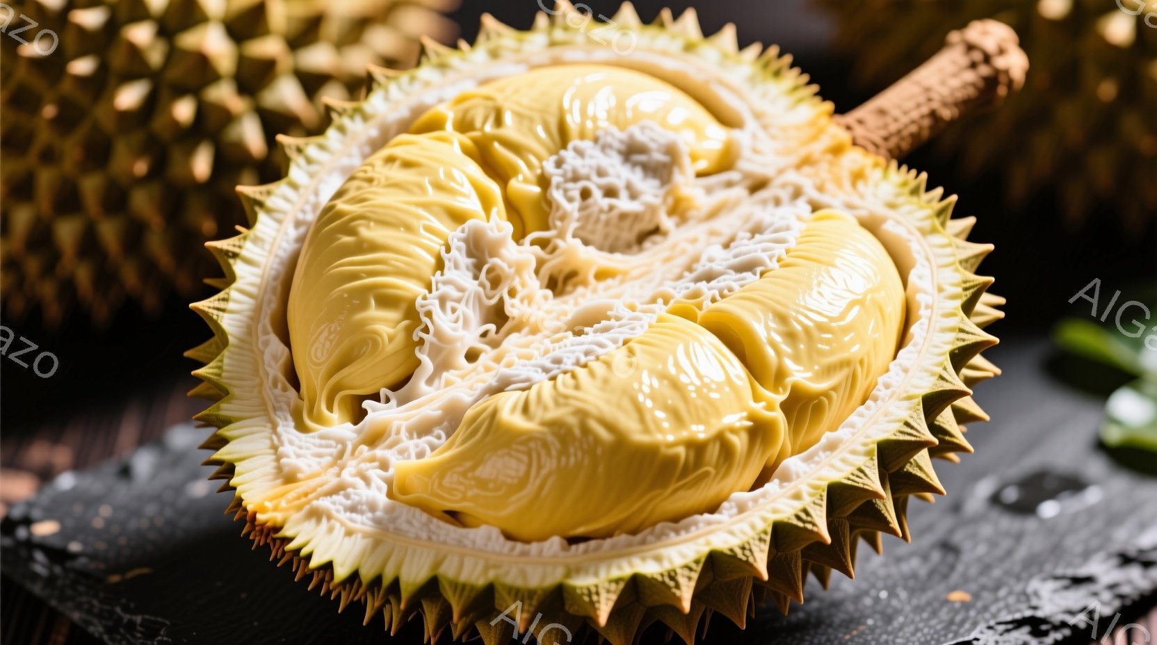 鮮やかな青空を背景に、アーモンドの未熟な実が枝に密集して写っている。緑色の外皮がまだ付き、赤い種子がわずかに覗く、初々しいアーモンドの姿が捉えられている。葉の緑と青空のコントラストが、生命力溢れる初夏の雰囲気を醸し出している。