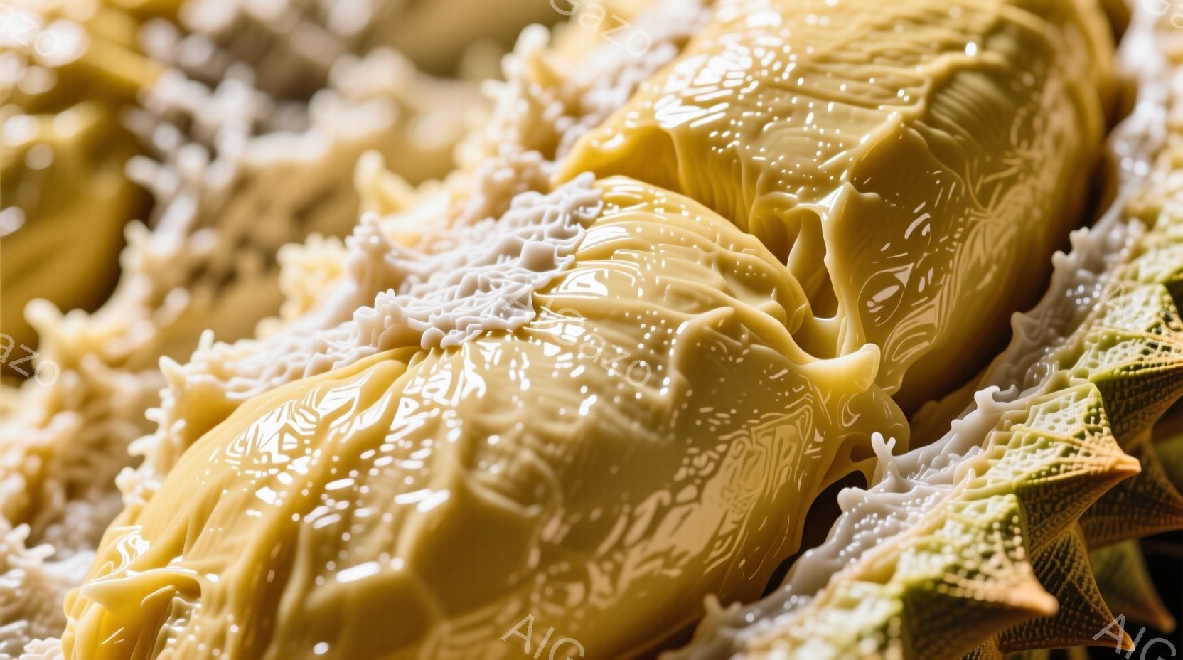 鮮やかな黄色の生地が複雑に重なり合い、まるで彫刻のような有機的な形状を作り出している。光の加減で陰影が生まれ、独特のテクスチャと奥行きを感じさせる。背景はぼやけており、生地の形状が際立っている。 - AI生成フリー素材