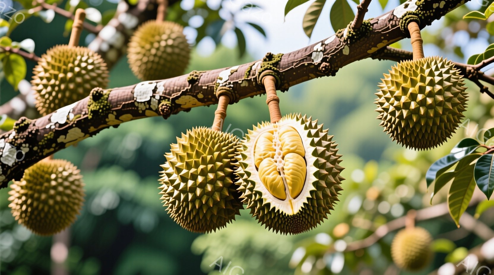 割れたクルミの殻が2つ、茶色い木製の表面に並んでいます。中には、緑と紫色のまだら模様のクルミの果肉が詰まっており、割れた殻の周りには細かく砕けた殻や果肉の破片が散らばっています。背景は暗い緑色で、全体 - AI生成フリー素材