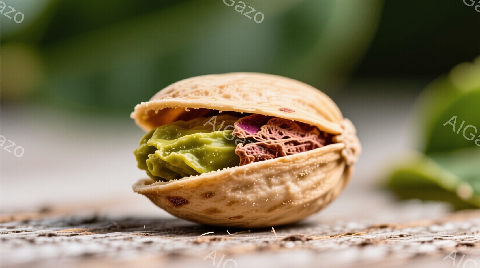 殻が割れて中身が見えるクルミが、粗い木の板の上に置かれています。クルミの核は緑色と茶色のまだら模様で、少ししわが寄っています。背景は緑の葉がぼやけており、自然な雰囲気で、木の質感とクルミの温かみが感じられます。