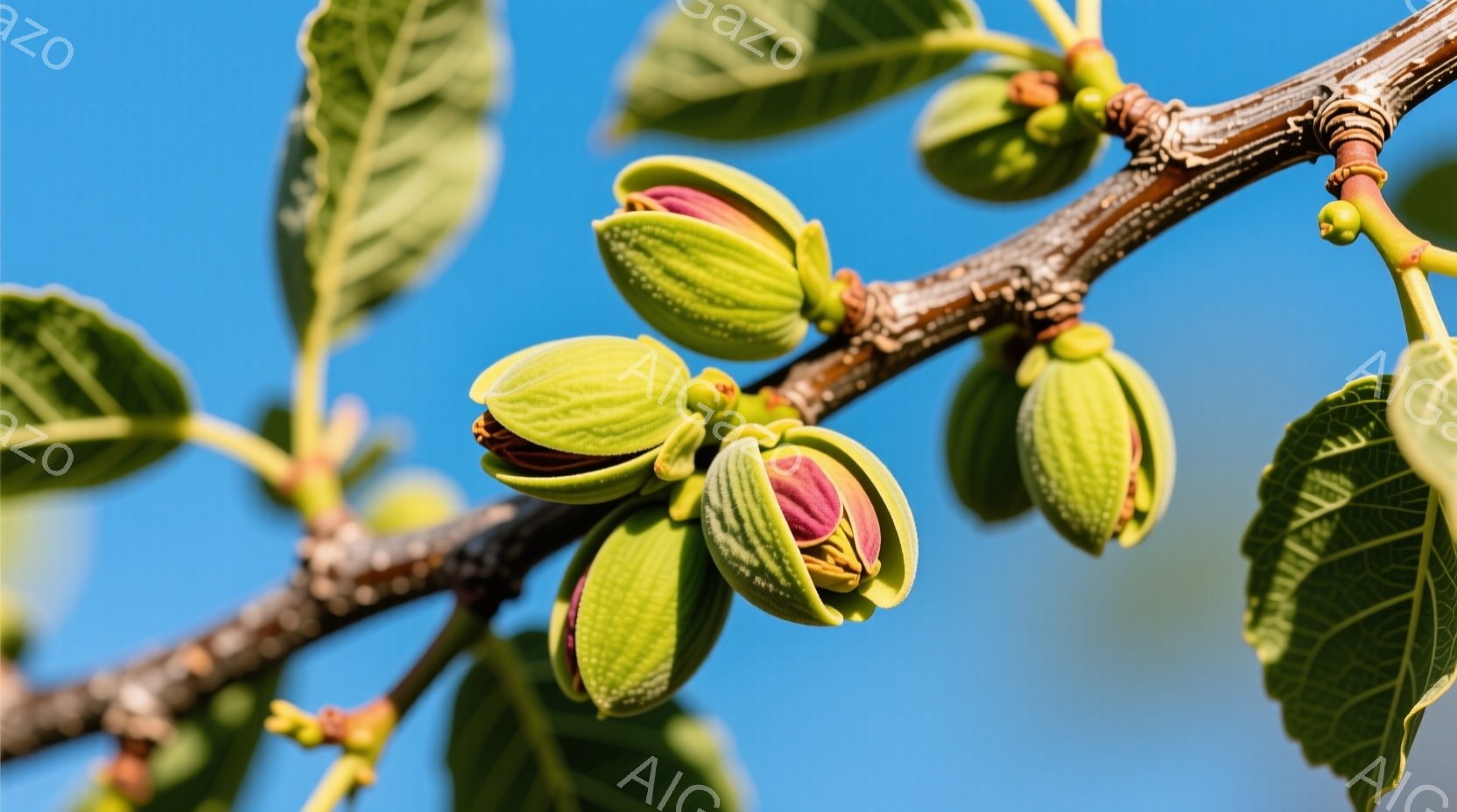 鮮やかな青空を背景に、アーモンドの実が枝に密集してぶら下がっている様子が捉えられています。まだ緑色の殻に包まれたアーモンドは、わずかに割れて内部の核が見え始めており、成長の初期段階を示しています。葉っぱも鮮やかで、全体的に明るく爽やかな印象を与えます。