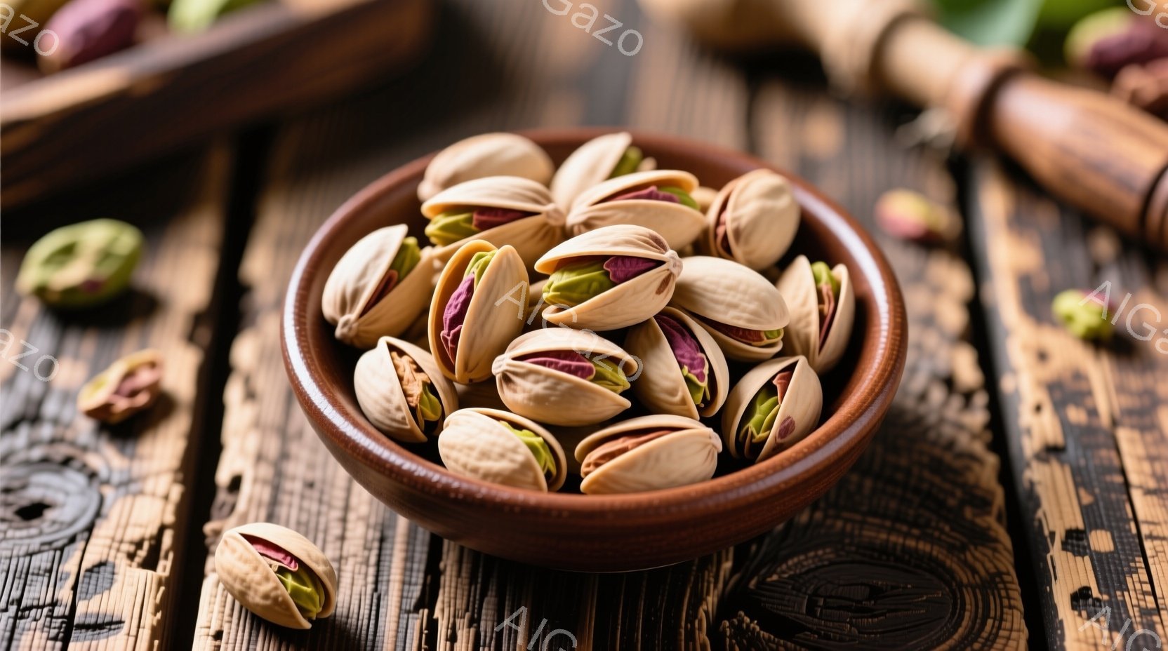 焦げ茶色の丸い器に、殻が割れたピスタチオが山のように盛られています。背景は木製のテーブルで、ピスタチオの殻が散らばっており、素朴な雰囲気を醸し出しています。全体的に暖色系の色調で、落ち着いた、食欲をそそる印象を与えます。
