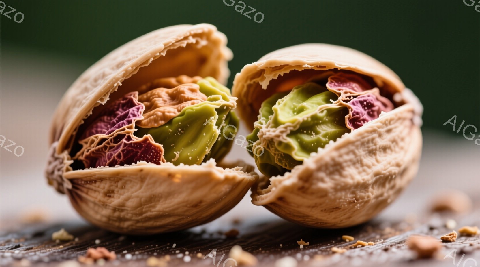 割れたクルミの殻が二つ、茶色のざらざらしたテーブルの上に置かれています。それぞれの殻の中には、しわくちゃで緑と赤紫色の食用部分があり、割れた殻の破片がテーブル上に散らばっています。背景は暗い緑色で、焦 - AI生成フリー素材
