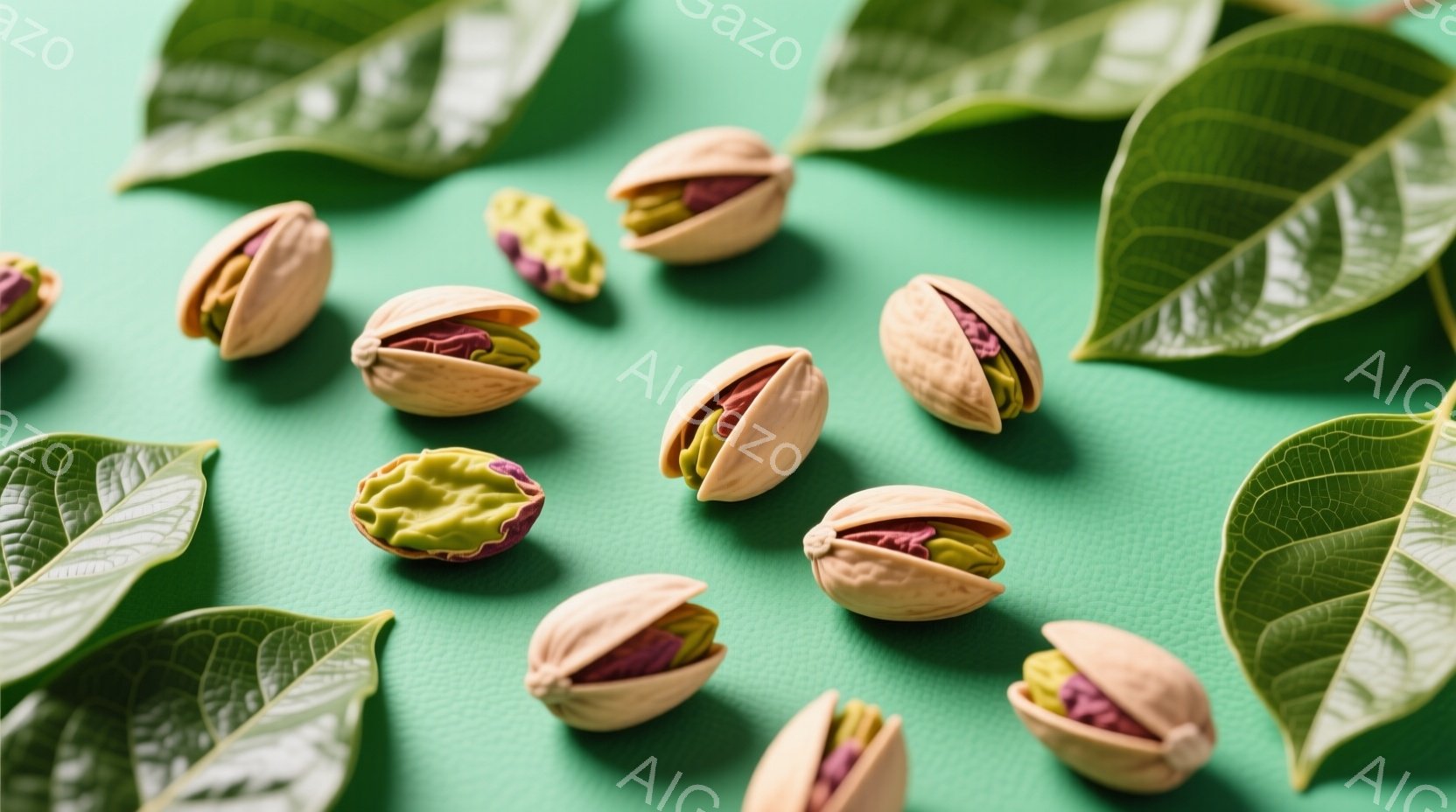 鮮やかな緑色の背景に、割れたピスタチオと緑の葉が散りばめられています。ピスタチオは殻から緑と紫色の実が覗き、葉は鮮やかな緑色でテクスチャがはっきりしています。 全体的に、春らしい爽やかで自然な雰囲気を感じさせる構図です。