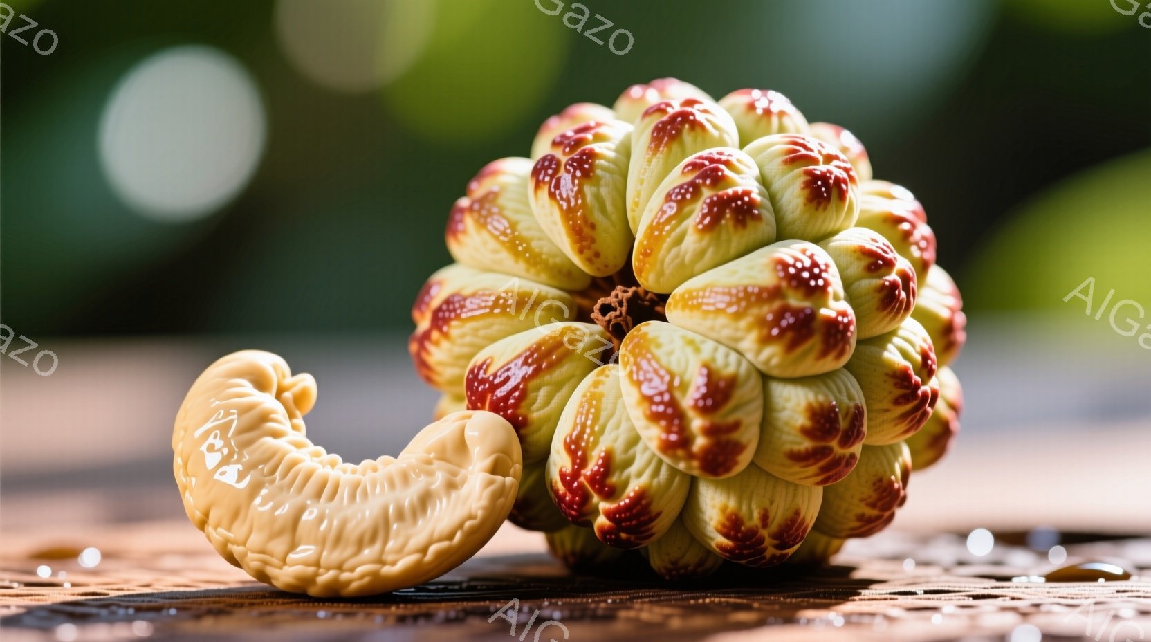 独特の質感を持つ二つの果実をクローズアップで捉えています。一つは球状で、茶色と黄色のまだら模様があり、多数の小さな突起が密集しています。もう一つは、同じ質感で湾曲した形をしており、木製の表面に水滴が散 - AI生成フリー素材