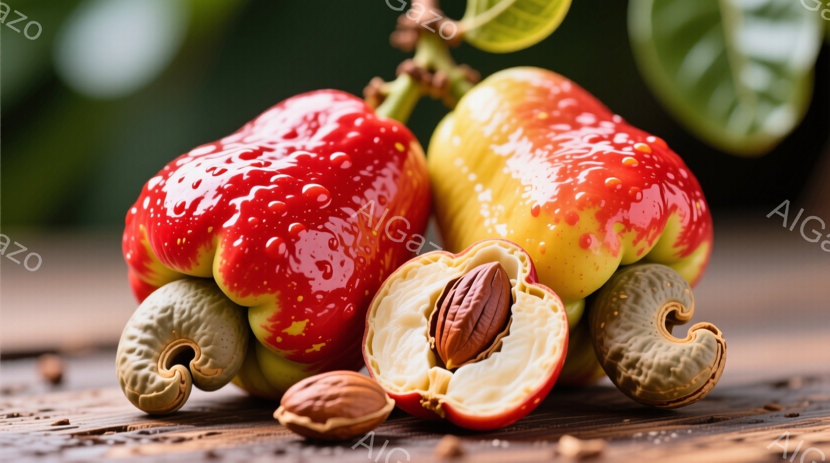 カシューアップルの実と、割って中身を取り出したもの、そしてカシューナッツがいくつか置かれたクローズアップ写真です。実の表面には水滴がつき、背景には緑の葉が見え、木製のテーブルの上に置かれています。全体的に、新鮮で自然な雰囲気が漂っています。