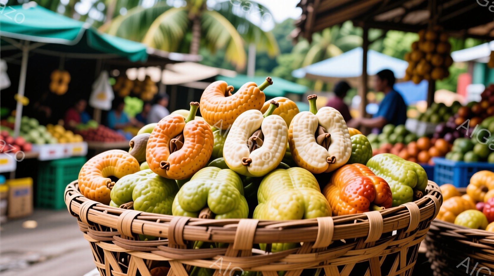 籠には、鮮やかなオレンジ色、黄色、緑色の、いぼいぼした果物が山積みにされています。背景には、緑のパラソルと果物や野菜を売る人々の姿が見え、活気のある市場の雰囲気が伝わってきます。自然光が差し込み、全体 - AI生成フリー素材