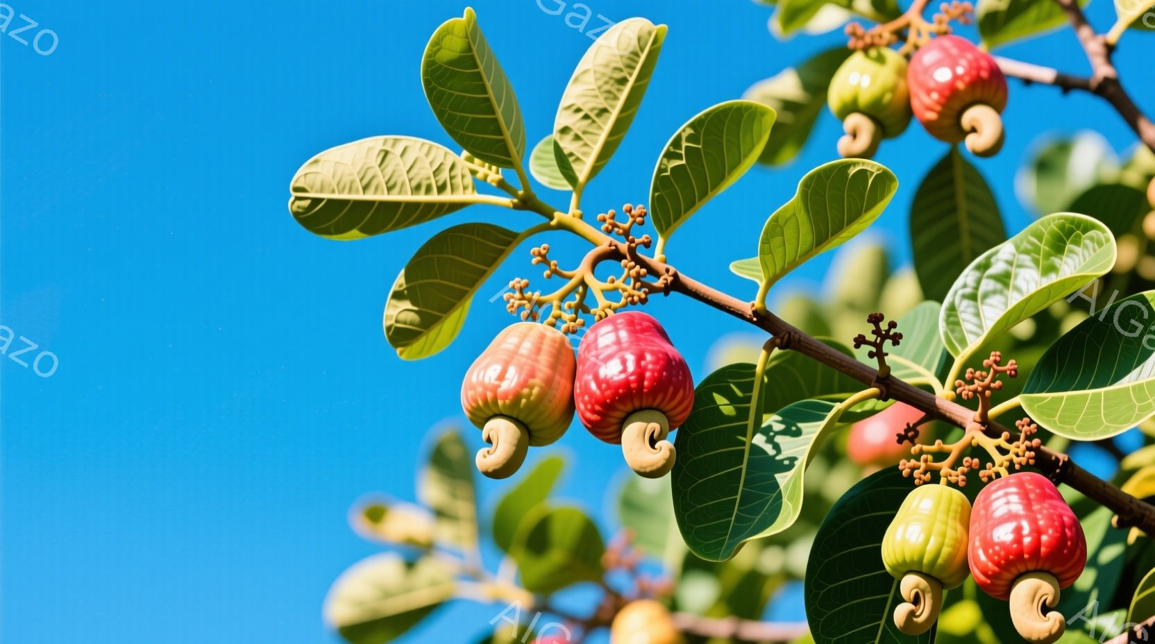 鮮やかな青空を背景に、カシューアップルの実と葉が写っている写真です。赤い実には独特の形をしたカシューナッツがつき、緑の葉とのコントラストが美しいです。全体的に自然の恵みが感じられる、爽やかな雰囲気の写 - AI生成フリー素材