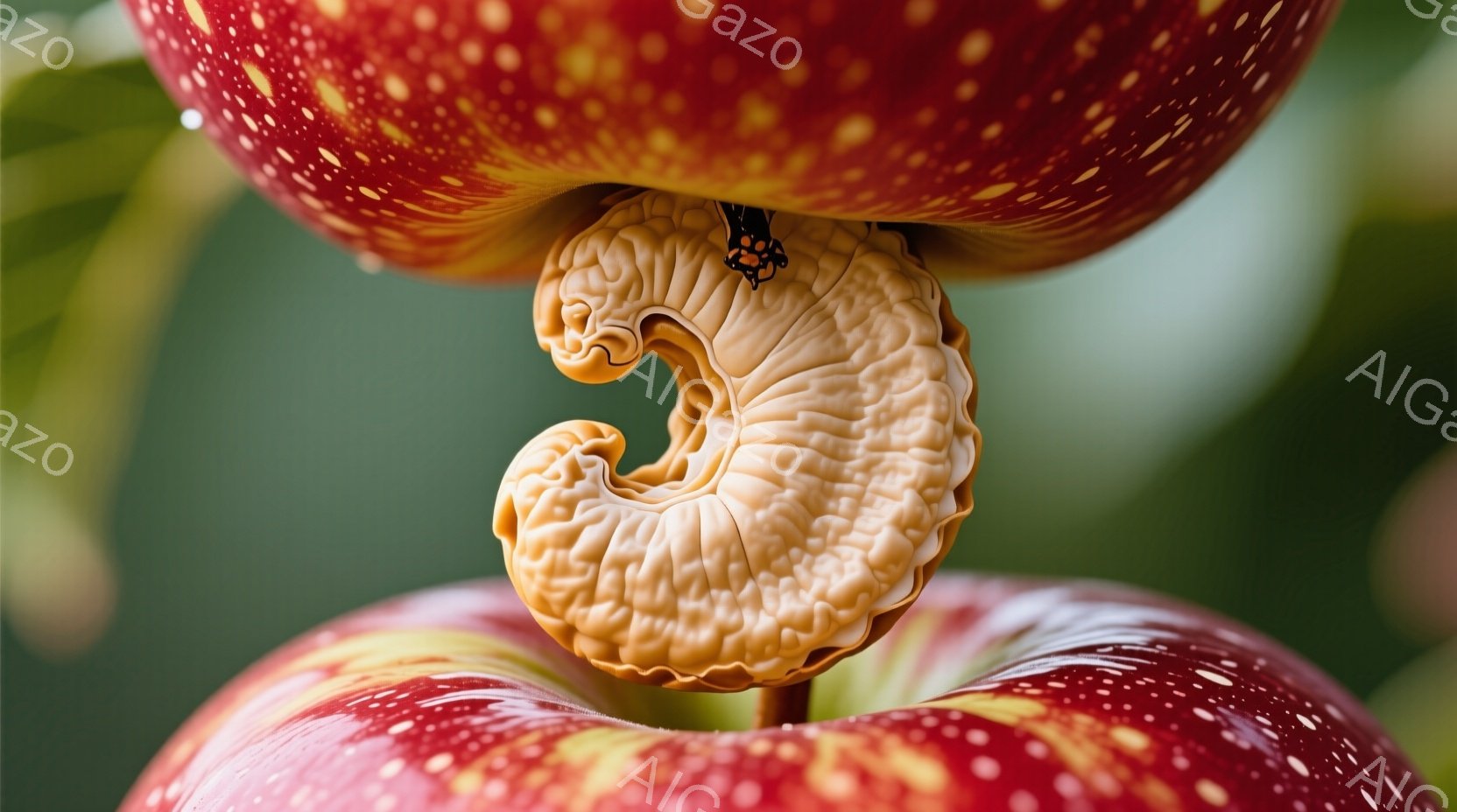 真っ赤なリンゴが二つ、茎と花の部分がクローズアップで写っている。リンゴは黄色い斑点があり、光沢がある。背景は緑の葉で、リンゴと葉のコントラストが美しい自然の風景を思わせる。 - AI生成フリー素材