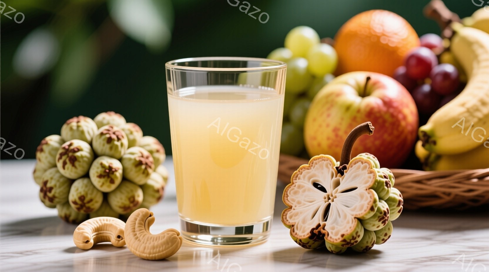 白い大理石のようなテーブルの上に、グラスに入った淡い黄色の液体、カシューナッツ、そして数種類の果物が並べられています。果物には、アノナ（番荔枝）、ブドウ、リンゴ、バナナなどがあり、その一部は籐で編まれたバスケットの中に置かれています。全体的に、自然光が差し込む明るい雰囲気で、健康的な食生活を連想させます。