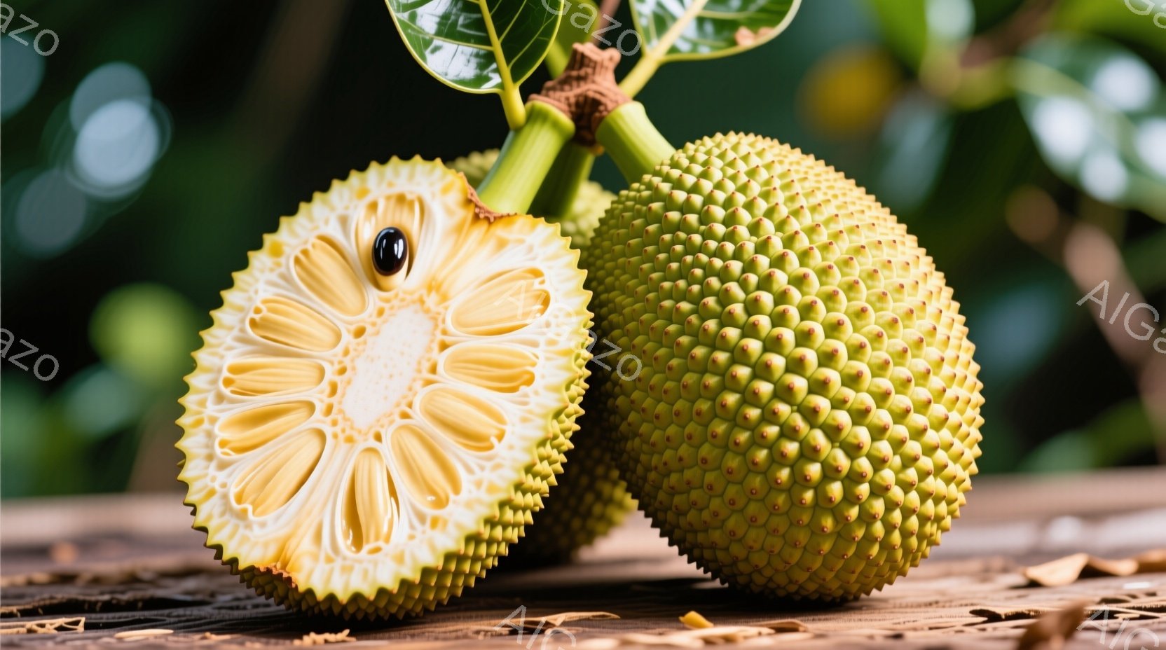 大きく切り開かれたジャックフルーツと、まだ切り開かれていないものが、粗い木のテーブルの上に並んでいます。果肉は黄色く、星のような形に配置され、種は中央に密集しています。背景は緑豊かな葉で覆われ、自然の - AI生成フリー素材
