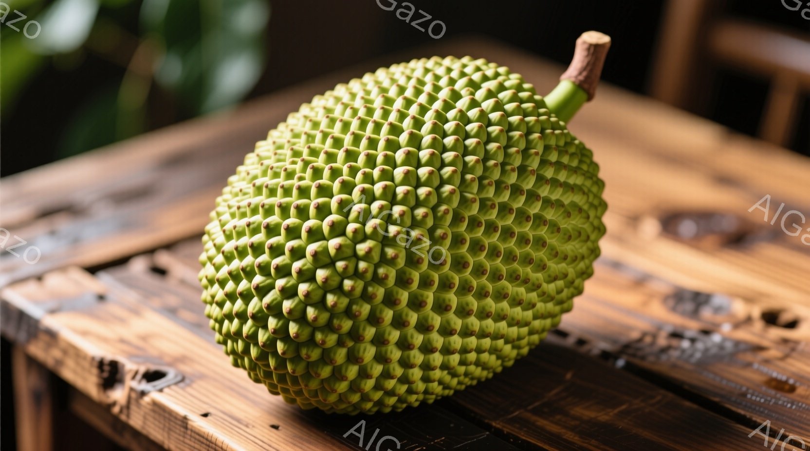 ごつごつとした緑色のドリアンが、古びた木製のテーブルの上に置かれている様子を捉えています。ドリアンの表面は、密集した棘状の突起で覆われており、独特の質感を見せています。背景はぼやけていますが、木製のテ - AI生成フリー素材