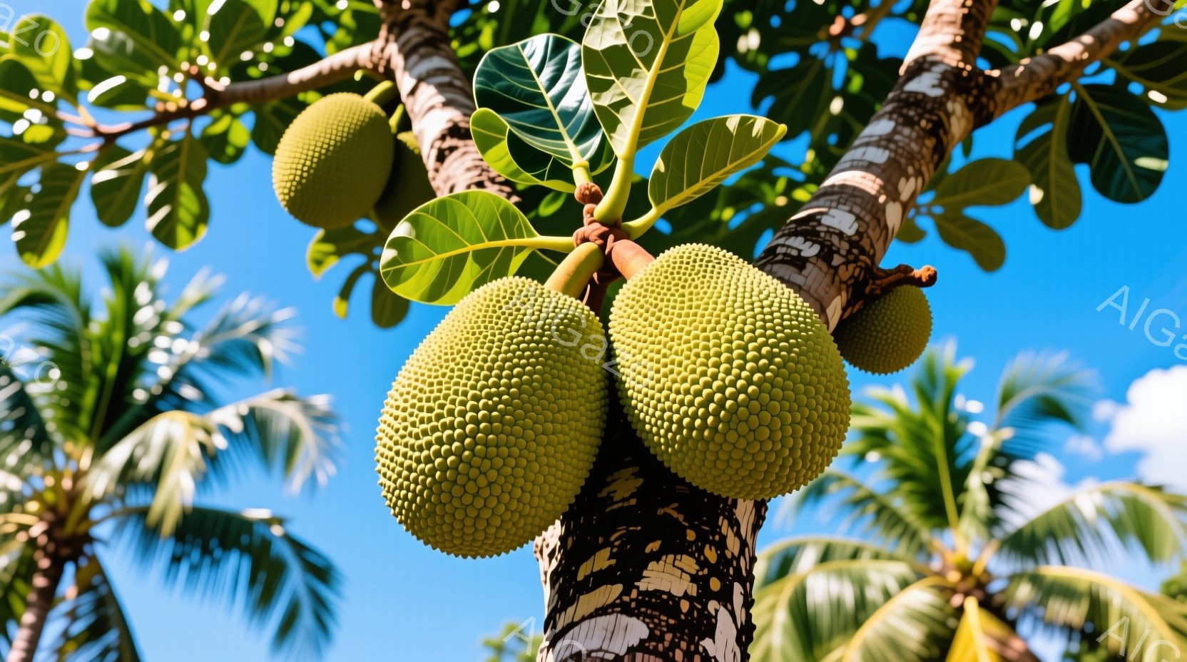 大きなジャックフルーツが、太い幹に密集してぶら下がっている様子が捉えられています。背景には青い空とヤシの葉が広がり、熱帯の強い日差しを感じさせます。鮮やかな緑の葉と、表面の凹凸が特徴的なジャックフルー - AI生成フリー素材