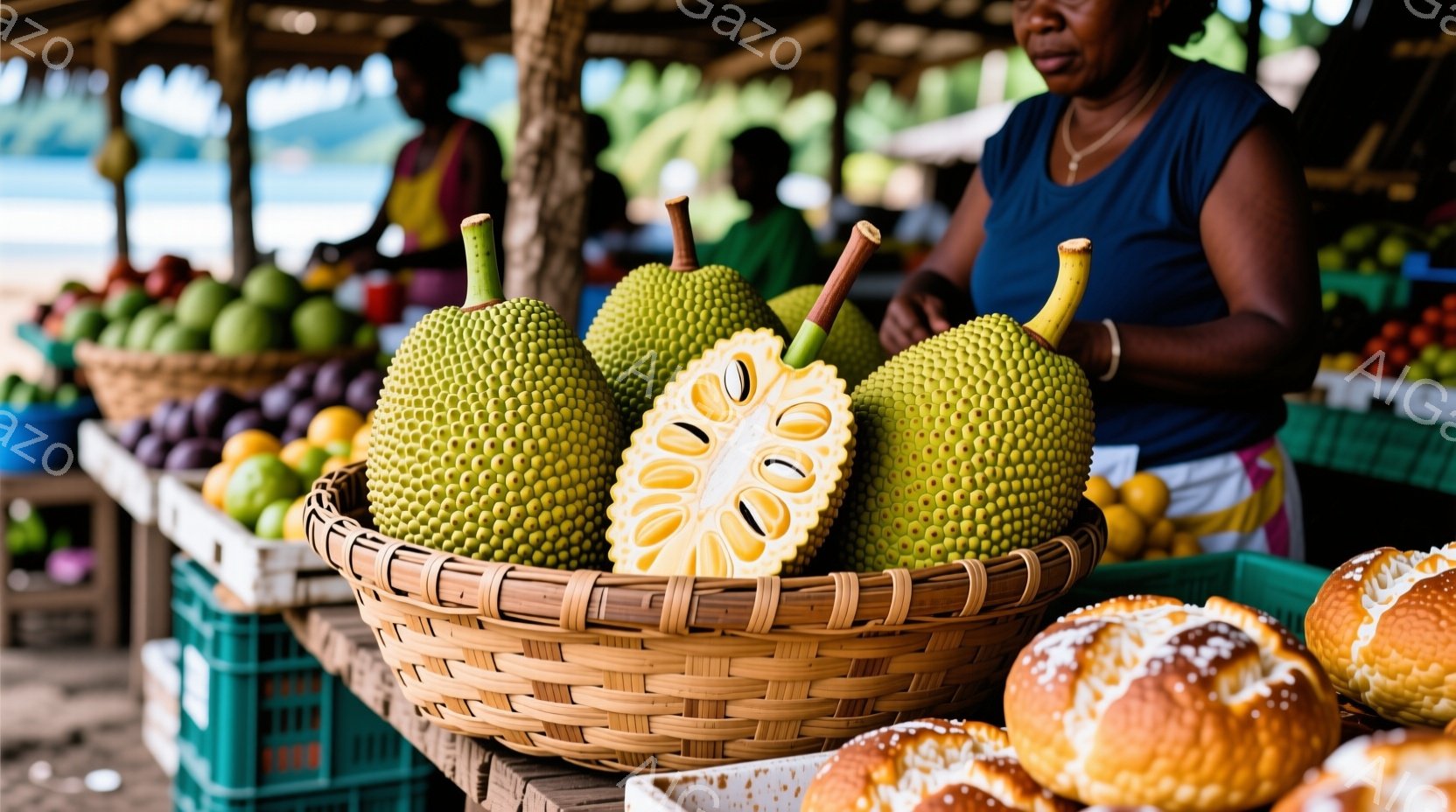 大きなジャックフルーツが籠に山積されており、切り開かれた断面からは種が密集している様子が確認できる。背景には、カラフルな服を着た女性がおり、市場の一角で商売をしているようだ。自然光が差し込む市場は活気 - AI生成フリー素材